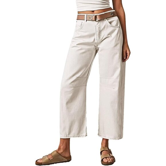 Pants - Women’s Mid Waist Crop Straight Leg Jeans Solid Stitch Casual Denim Pants